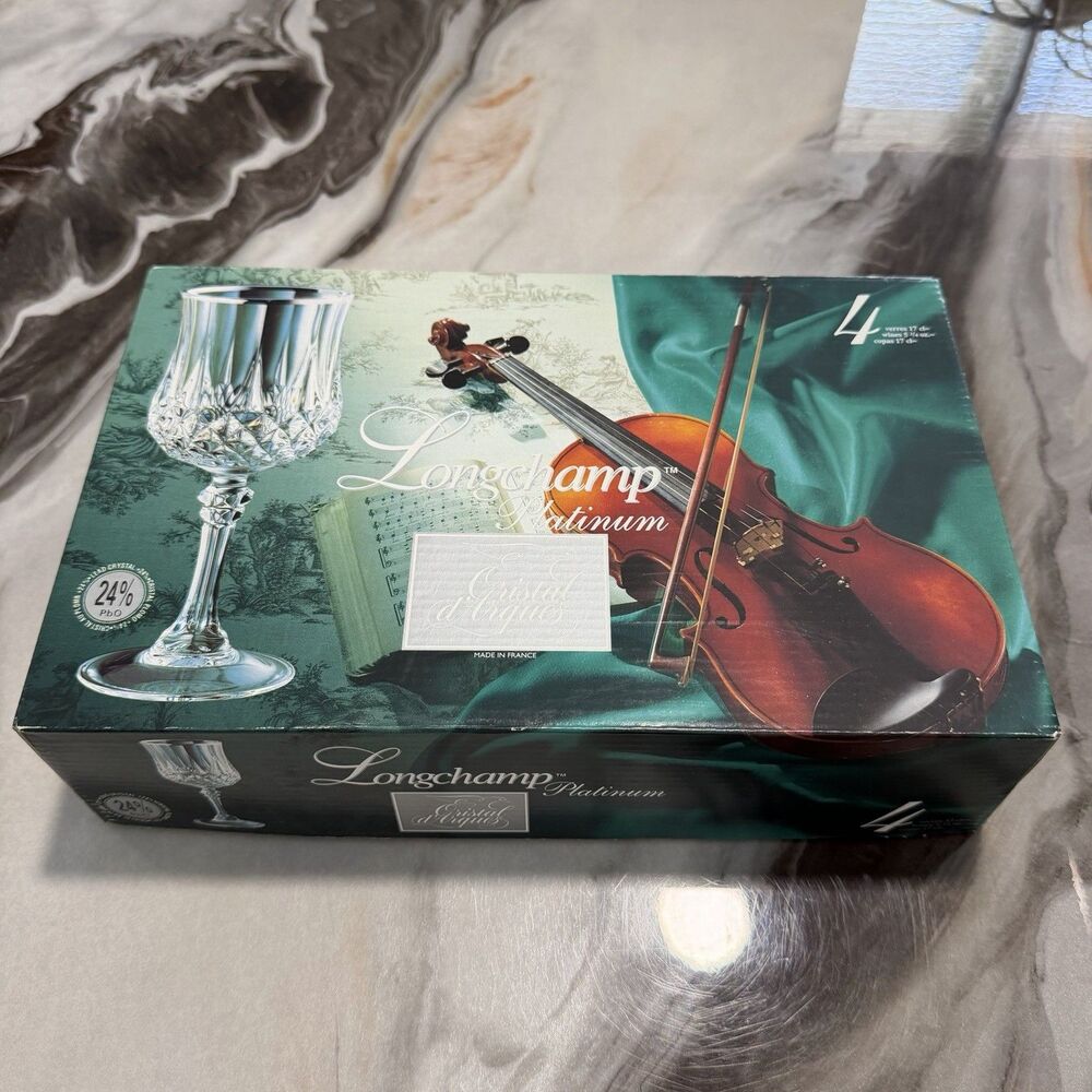 Vintage Cristal d'Arques Longchamp Platinum Rim Wine Glasses Set of 4 NIB 24%
